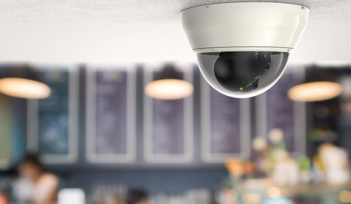 Dome security camera Dome security camera installed on ceiling for indoor surveillance