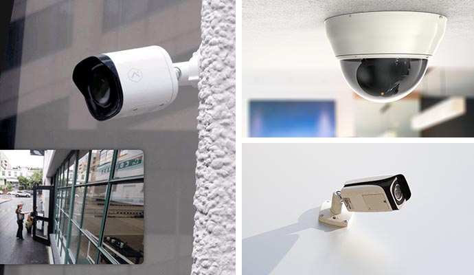 Bullet camera, Dome camera and Box camera mounted on wall