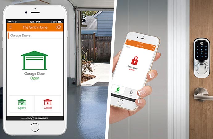 Collage of garage door opener and smart lock