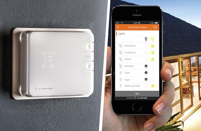 Collage of smart thermostat and smart lighting