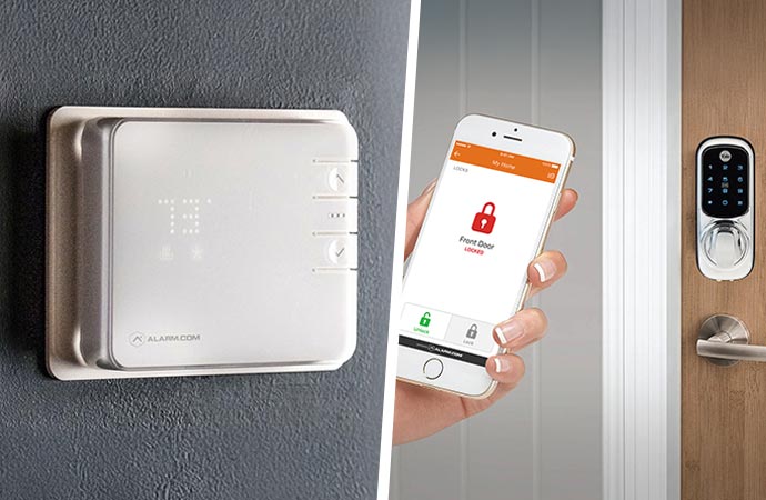 Collage of thermostat and smart locks