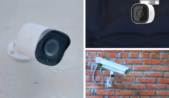 Collage of indoor camera, box camera, and outdoor security camera