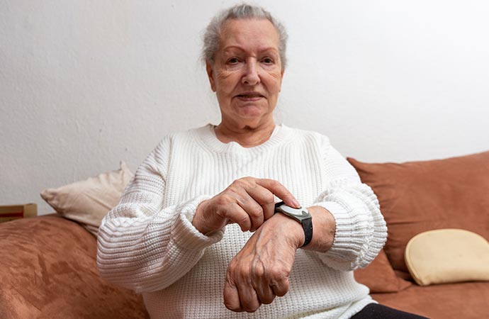 Elderly woman wearing medical pendants