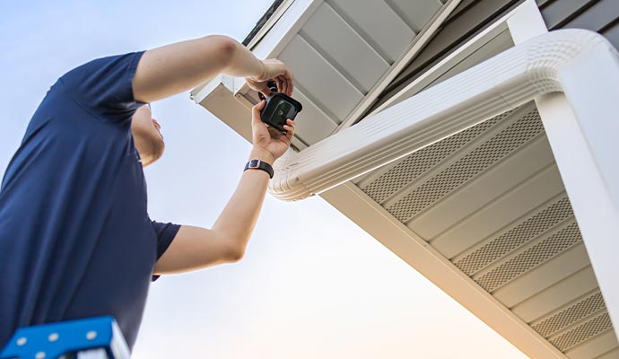 Technician installing outdoor CCTV on roof