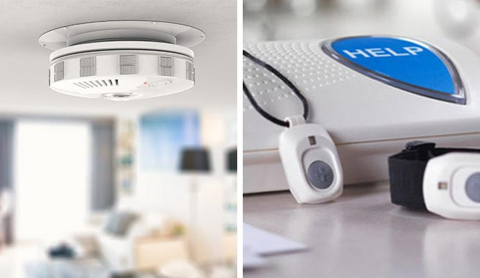 Collage of smoke detector and medical alert system