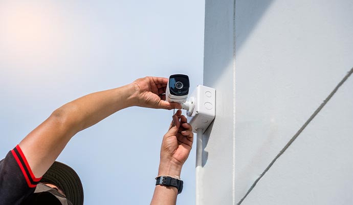 Technician installing a security camera