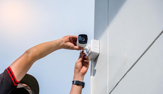 a professional installing a security camera