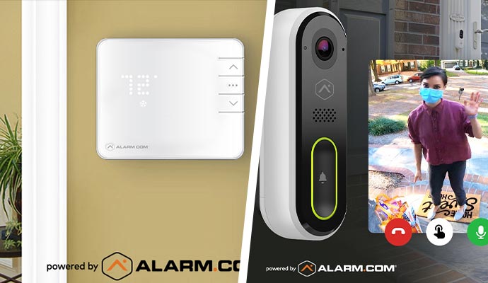 a collage of smart thermostat and doorbell