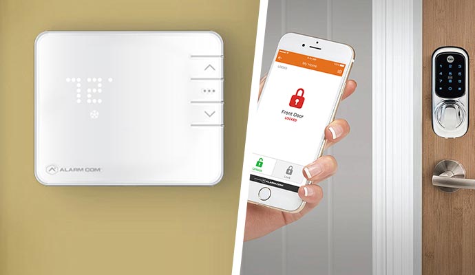 a collage of a smart thermostat and smart lock